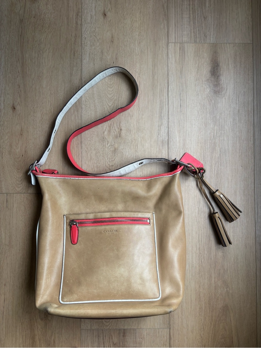 Coach Legacy Tan Leather Crossbody Bag with Coral Trim Purse